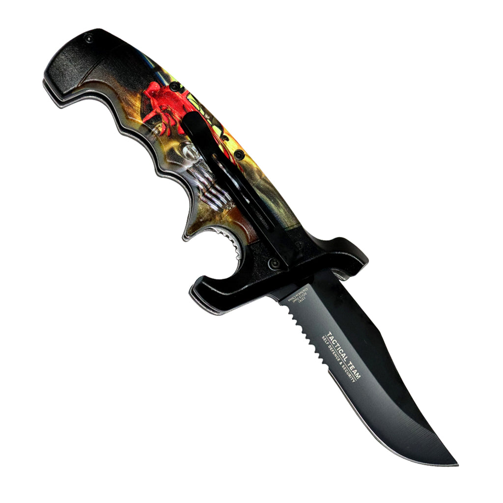 Defender-Xtreme 9" Old Flame Truck Handle Spring Assisted Folding Knife Belt Clip