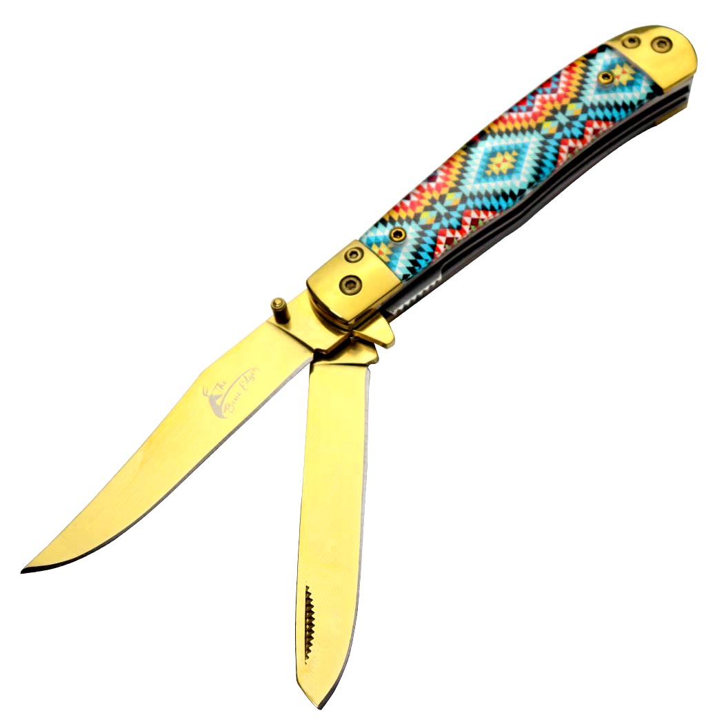 TheBoneEdge 7.5" Gold Color Double Blade Steel Bolster Pocket Folding Knife