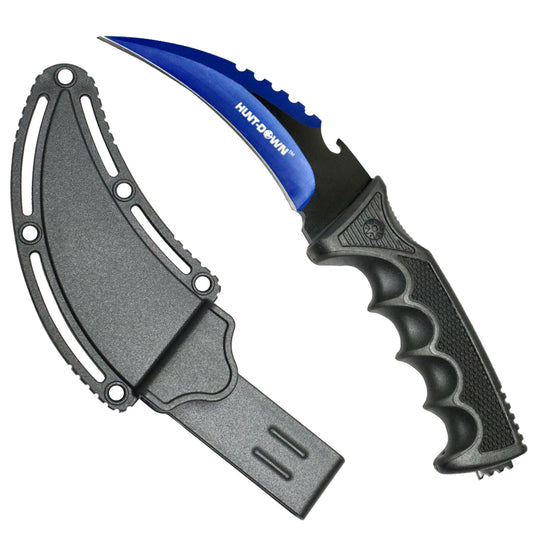 HuntDown 8.5" Blue & Black Karambit Knife w/ Black Handle & Sheath Fixed Blade