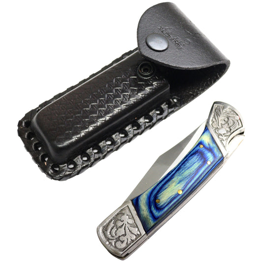 TheBoneEdge 9" Blue Wood Handle Stainless Steel Blade Folding Knife With Leather Pouch