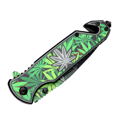 8" Green & Grey Leaves Design Spring Assisted Folding Knife W/ Belt Cutter