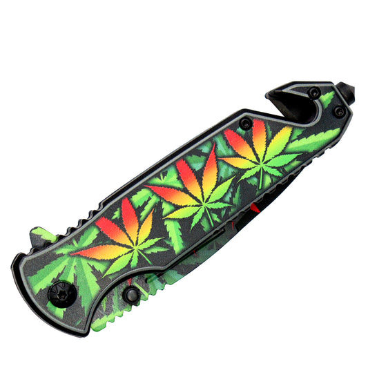8" Red & Yellow Leaves Design Spring Assisted Folding Knife W/ Belt Cutter