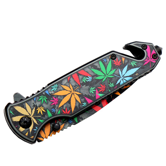 8" Multi Color Leaves Design Spring Assisted Folding Knife W/ Belt Cutter