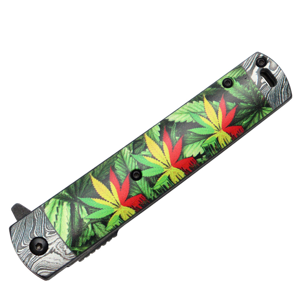 8" Leaves Design Handle Black Blade Spring Assisted Folding Knife