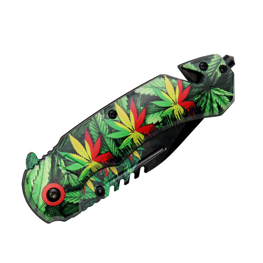 8" Leaves Design Handle & Blade Spring Assisted Folding Knife W/ Belt Cutter