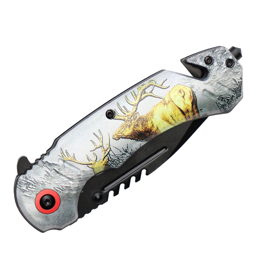 Defender-Xtreme 8" Deer Design Handle Spring Assisted Folding Knife W/ Belt Cutter