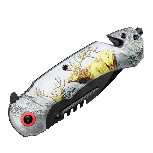 Defender-Xtreme 8" Deer Design Handle Spring Assisted Folding Knife W/ Belt Cutter