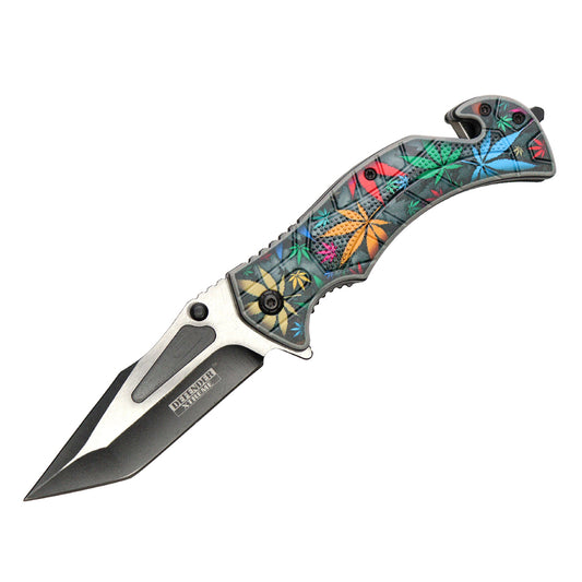 Defender-Xtreme 8" Multi Leaves Design Handle Two Tone Blade Spring Assisted Folding Knife