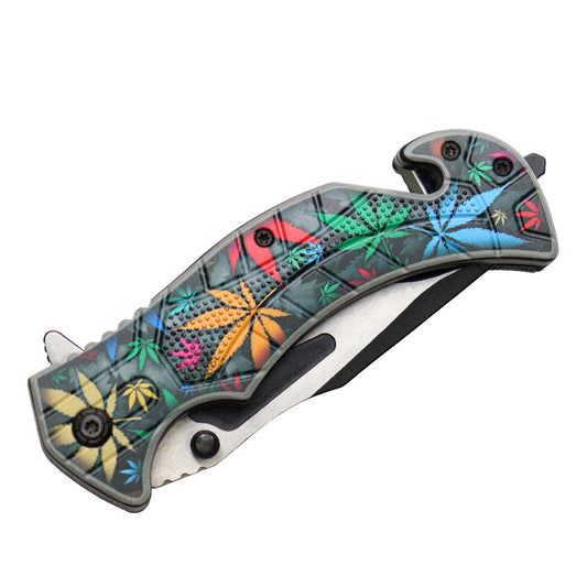 Defender-Xtreme 8" Multi Leaves Design Handle Two Tone Blade Spring Assisted Folding Knife