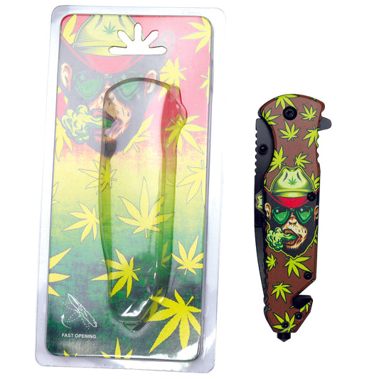 8.5" Monkey Design Brown Handle Spring Assisted Folding Knife W/ Belt Cutter