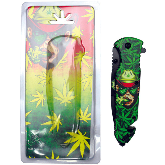 8.5" Monkey Design Green Handle Spring Assisted Folding Knife W/ Belt Cutter