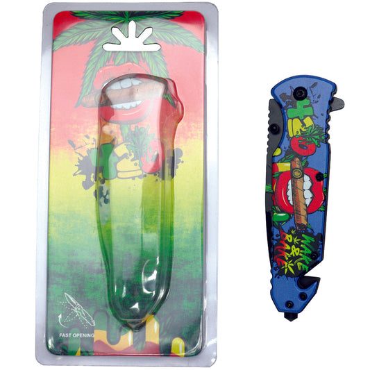8.5" Lips Design Blue Handle Spring Assisted Folding Knife W/ Belt Cutter