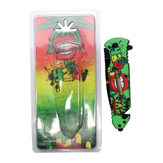 8.5" Lips Design Green Handle Spring Assisted Folding Knife W/ Belt Cutter