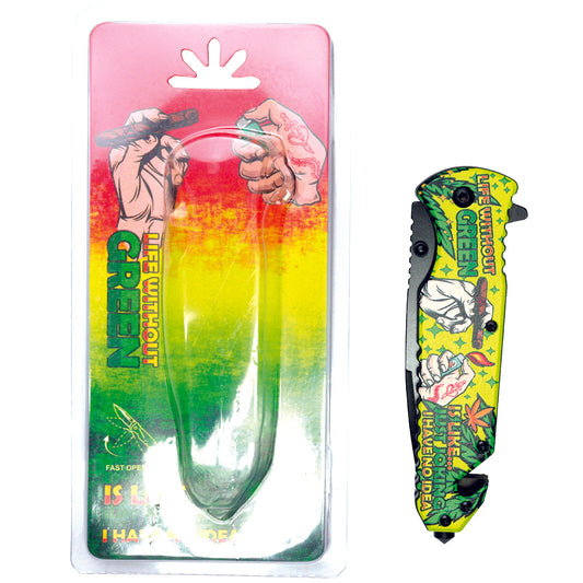 8.5" Hands Design Yellow Handle Spring Assisted Folding Knife W/ Belt Cutter