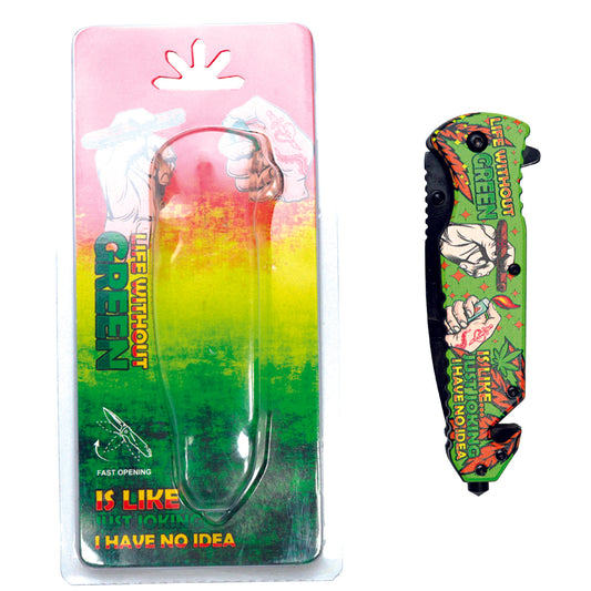 8.5" Hands Design Green Handle Spring Assisted Folding Knife W/ Belt Cutter