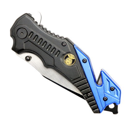 8"  Two Tone Blade Blue & Black Spring Assisted Folding Knife Aluminum Handle With Belt Cutter