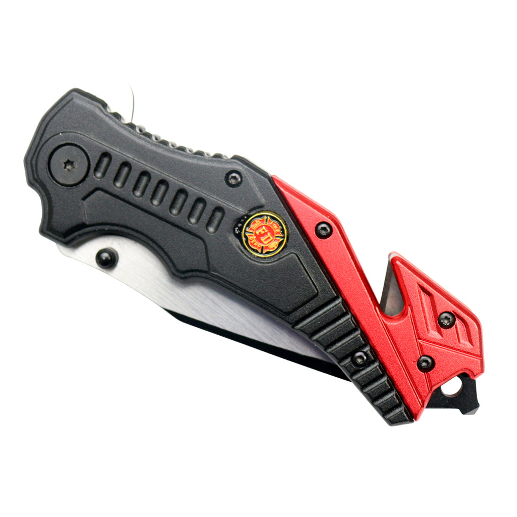 8"  Two Tone Blade Red & Black Spring Assisted Folding Knife Aluminum Handle With Belt Cutter