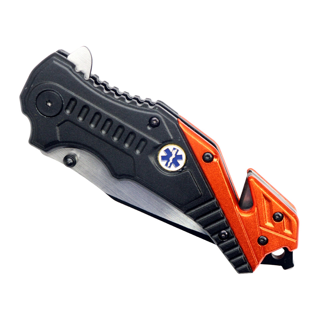 8"  Two Tone Blade Orange & Black Spring Assisted Folding Knife Aluminum Handle With Belt Cutter