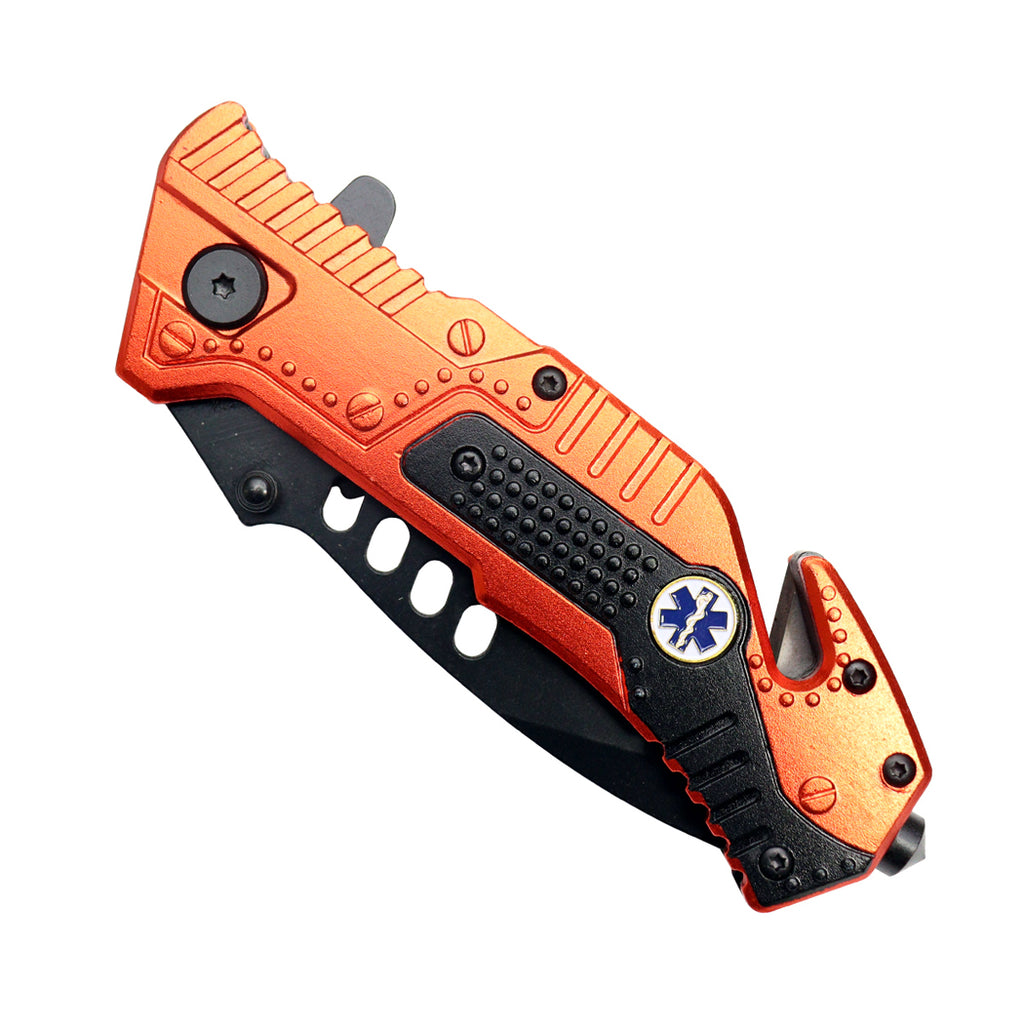 8"  Black Finished Blade Orange & Black Aluminum Handle Spring Assisted Folding Knife With Belt Cutter