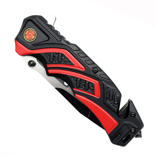 8.5" Black & Red Aluminum Handle Two Tone Blade Spring Assisted Folding Knife With Belt Cutter