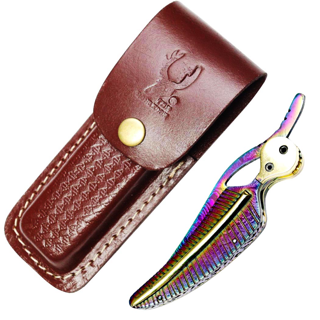 TheBoneEdge 9" Multi Color Damascus Blade Leaf Design Handle Folding Knife With Leather Sheath