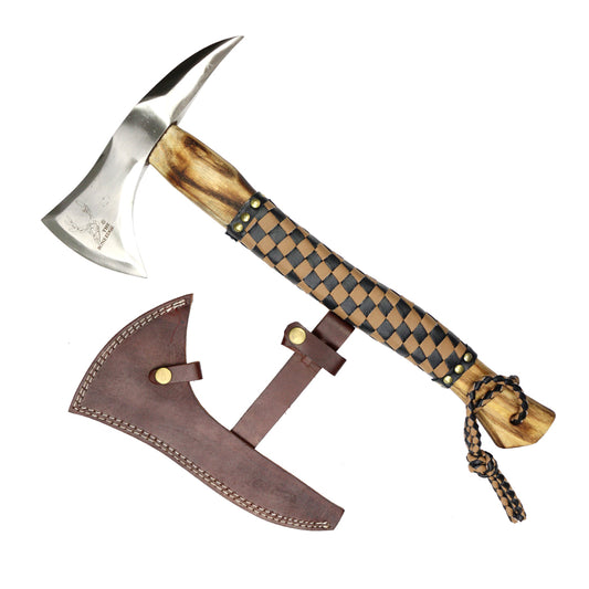 TheBoneEdge 17.5" Hunting Axe Black & Brown Leather Wrapped Handle With Sheath