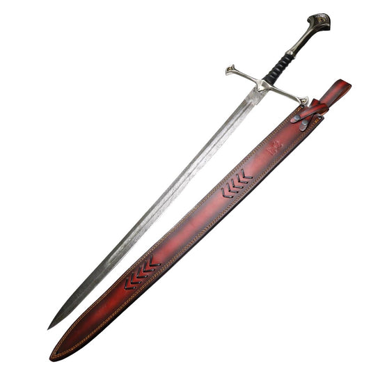43" Medieval Style Damascus Blade Sword with Black Leather Handle and Leather Sheath
