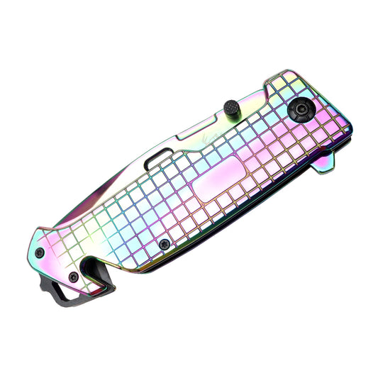 TheBoneEdge 8.5" Shiny Rainbow Drop Point Blade Spring Assisted Folding Knife With Belt Cutter