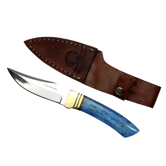 Hunt-Down 9" Full Tang Hunting Knife Blue Horn Handle With Leather Sheath