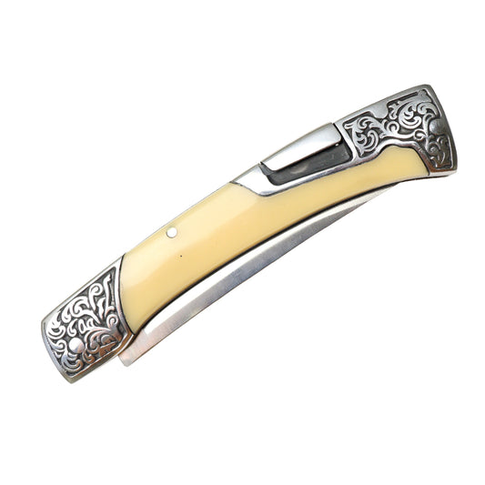 TheBoneEdge 8.5" Yellow Resin Handle Engraved Design Folding Knife 3CR13 Stainless Steel