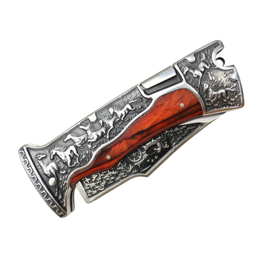 TheBoneEdge 9" Engraved Design Red Pakkawood Handle Folding Knife 3CR13 Stainless Steel