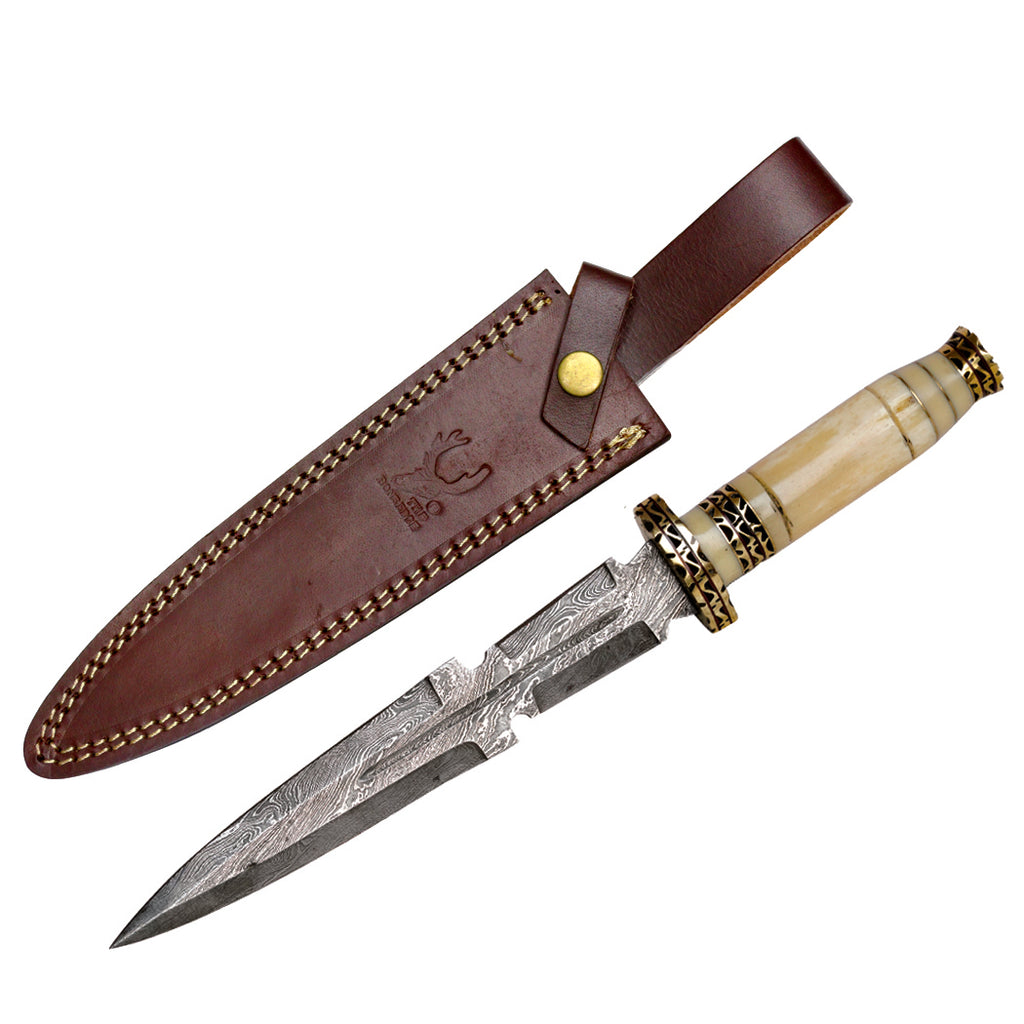 TheBoneEdge 13.5" Damascus Blade Hunting Knife White Horn Handle With Sheath