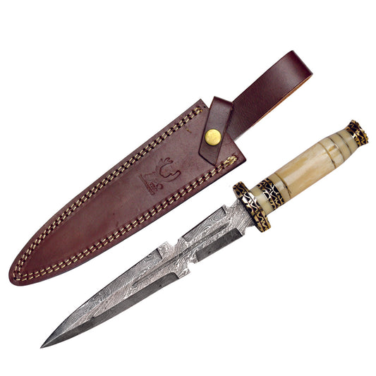 TheBoneEdge 13.5" Damascus Blade Hunting Knife White Horn Handle With Sheath