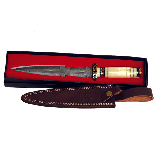 TheBoneEdge 13.5" Damascus Blade Hunting Knife White Horn Handle With Sheath