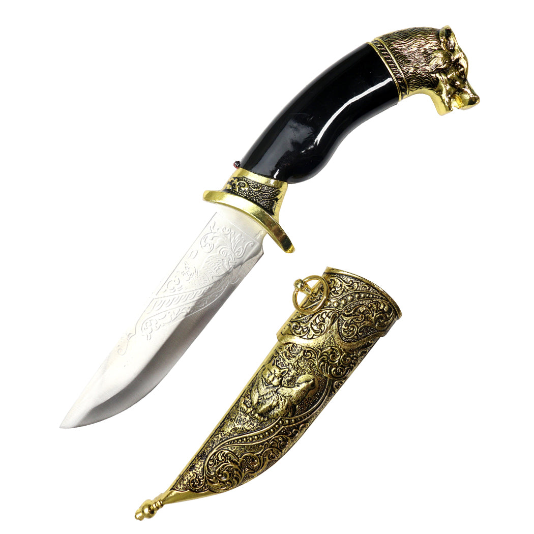 12" Wolf Head Black Plastic Handle Stainless Steel Blade Fantasy Dagger