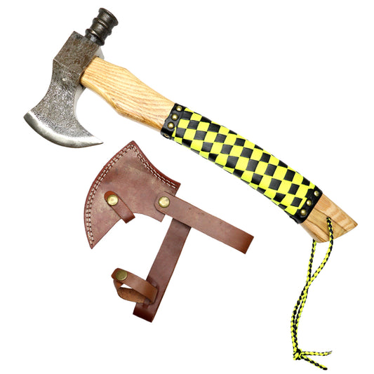 TheBoneEdge 18" Steel Forged Blade Hunting Axe Yellow & Black Leather Wrapped Handle With Sheath
