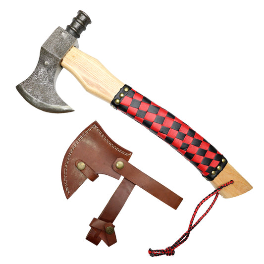 TheBoneEdge 18" Red & Black Leather Wrapped Handle Steel Forged Blade Hunting Axe With Sheath