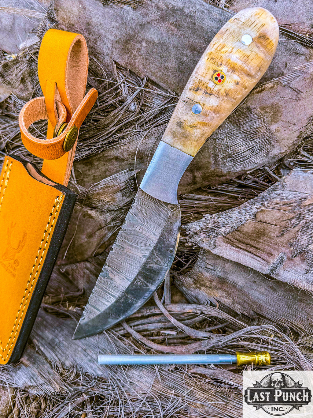 TheBoneEdge 9" Ram Handle Steel Bolster Damascus Blade Hunting Knife with Leather Sheath