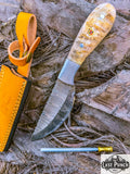 TheBoneEdge 9" Ram Handle Steel Bolster Damascus Blade Hunting Knife with Leather Sheath