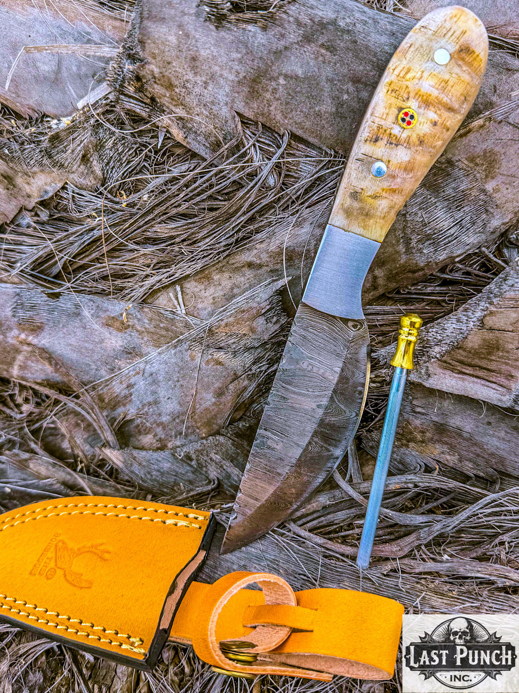 TheBoneEdge 9" Ram Handle Steel Bolster Damascus Blade Hunting Knife with Leather Sheath