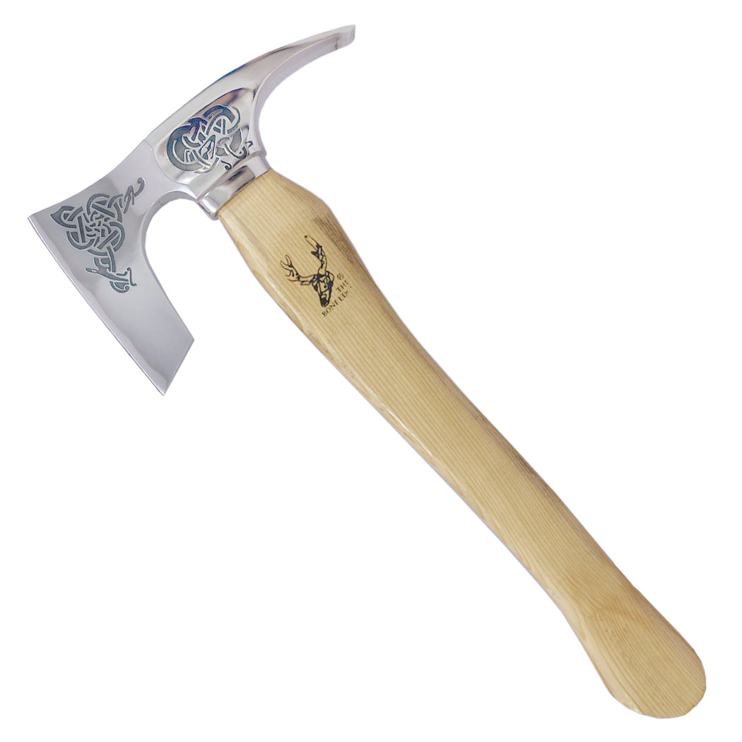 TheBoneEdge 18" Steel Etching Mirror Finished Blade Hunting Axe Wood Handle With Sheath