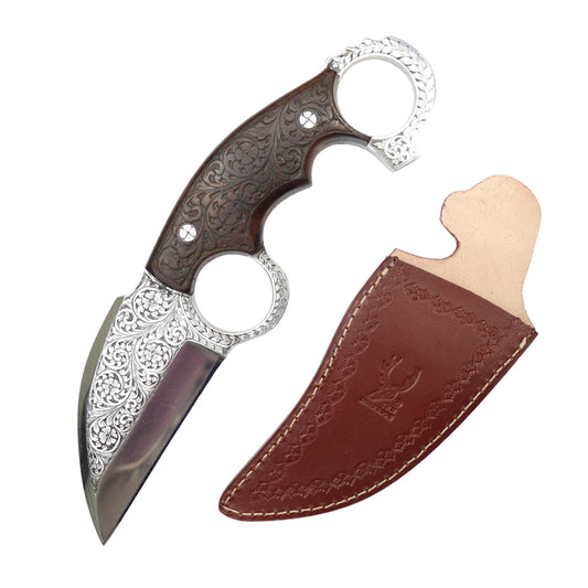 TheBoneEdge 9.5" D2 Steel Fully Hand Engraved Wood Handle Hunting knife With Sheath