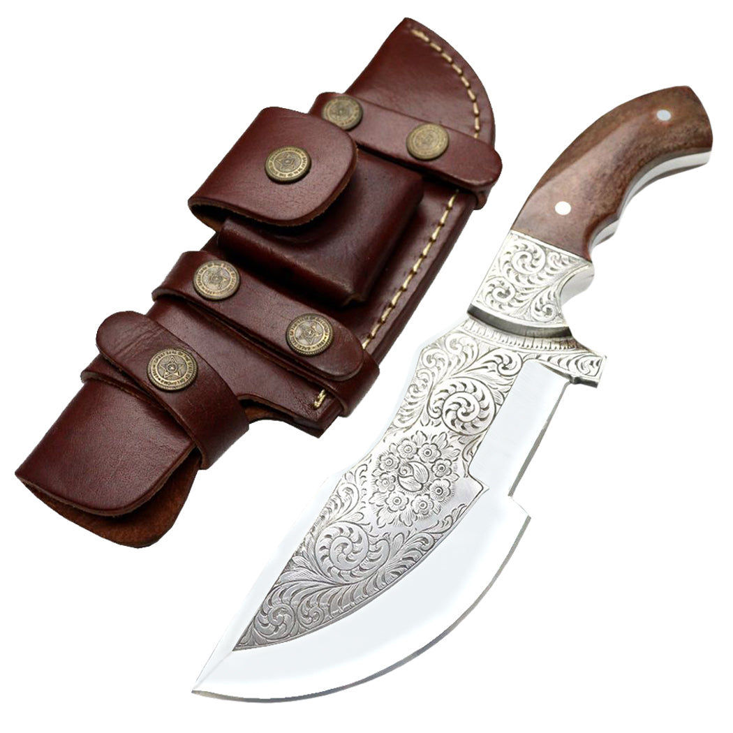 TheBoneEdge 11" Custom Hand Made Engraved Blade Horn Handle Tracker Hunting knife With Sheath
