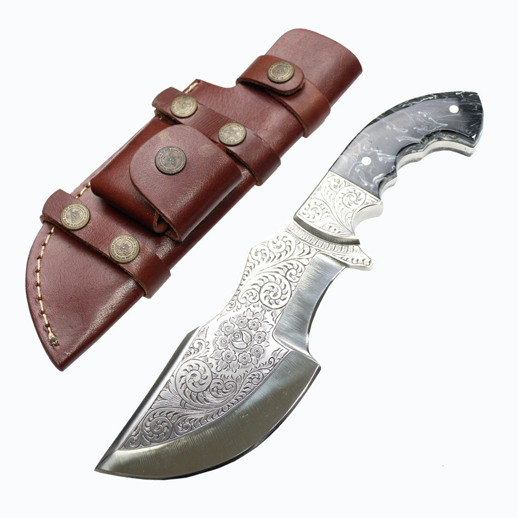 TheBoneEdge 11" Custom Hand Made Engraved Blade Black Resin Handle Tracker Hunting knife With Sheath