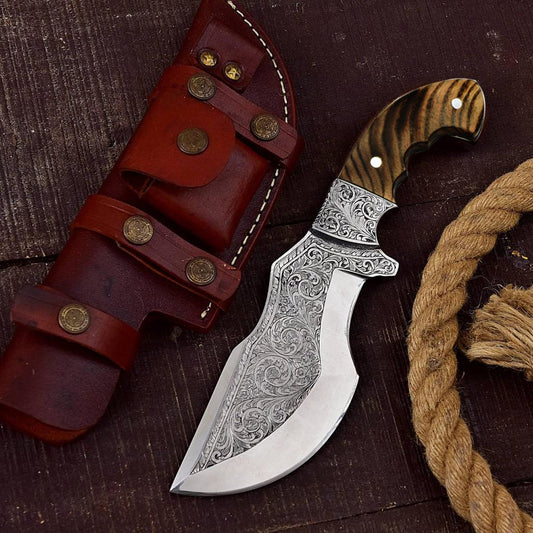 TheBoneEdge 11" Custom Hand Made Engraved Blade Ash Wood Handle Tracker Hunting knife With Sheath