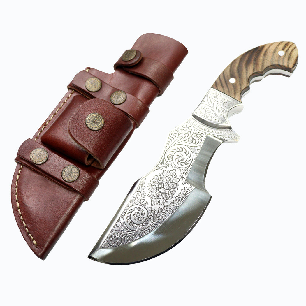 TheBoneEdge 11" Custom Hand Made Engraved Blade Ash Wood Handle Tracker Hunting knife With Sheath