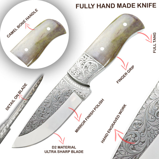 TheBoneEdge 10" Wood Handle Engraved Blade Hand Made Hunting knife