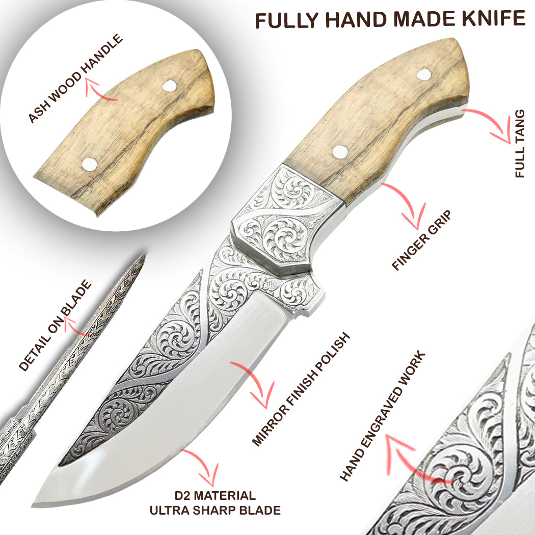 TheBoneEdge 10" Engraved Blade Ash Wood Handle Tracker Hunting knife