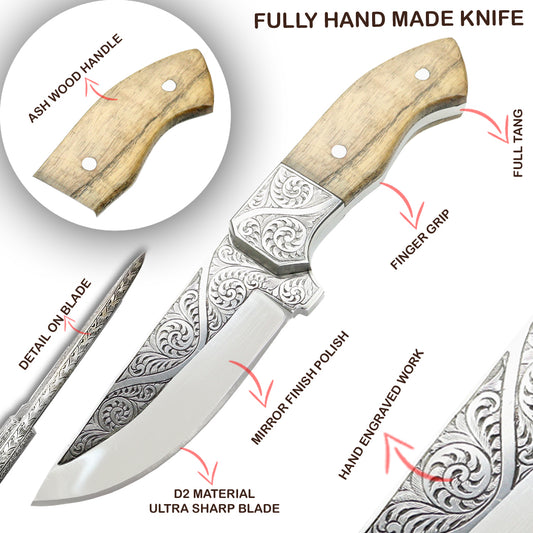 TheBoneEdge 10" Engraved Blade Ash Wood Handle Tracker Hunting knife