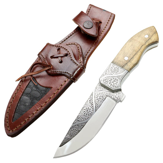 TheBoneEdge 10" Engraved Blade Ash Wood Handle Tracker Hunting knife
